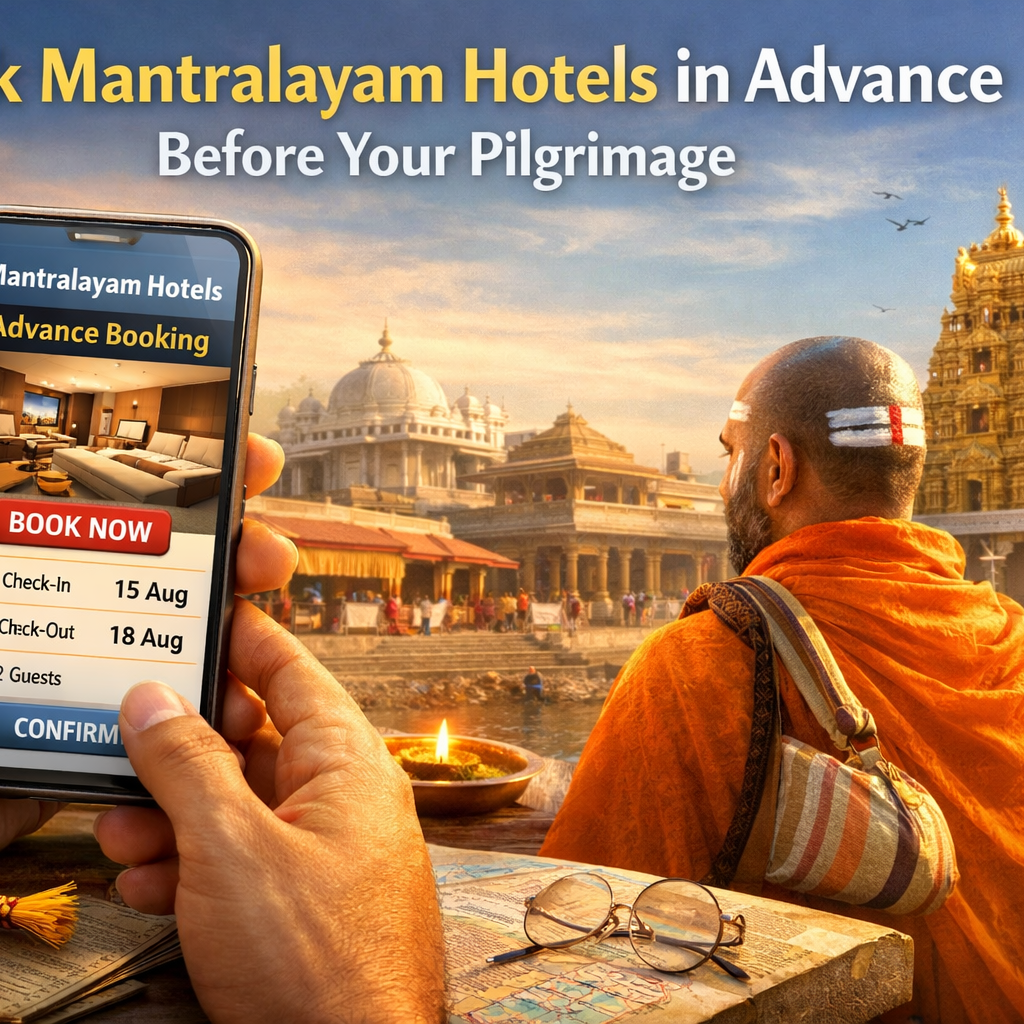 Image 1: Devotee booking Mantralayam hotels with advance booking on smartphone before pilgrimage